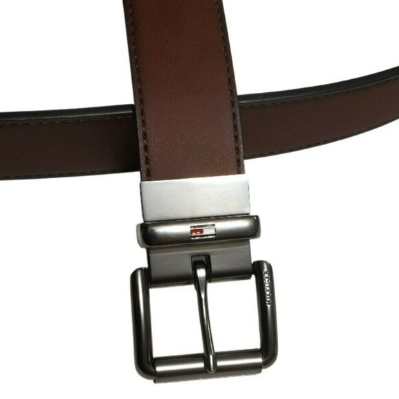 New Tommy Hilfiger Belt Brown Mens XL Gunmetal Buckle Synthetic Leather 1.5" W - Picture 2 of 11
